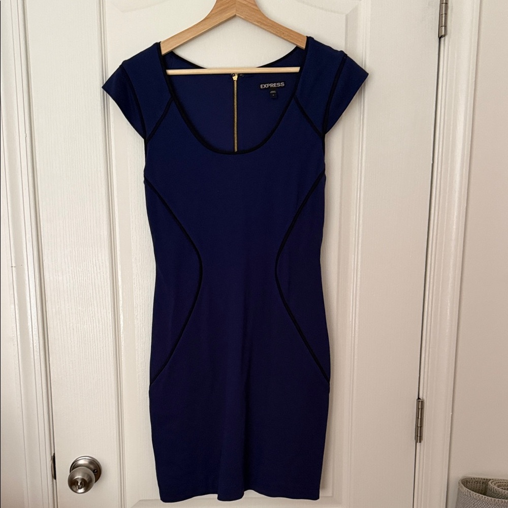 Express Navy Mini Sheath Dress with Gold Zipper